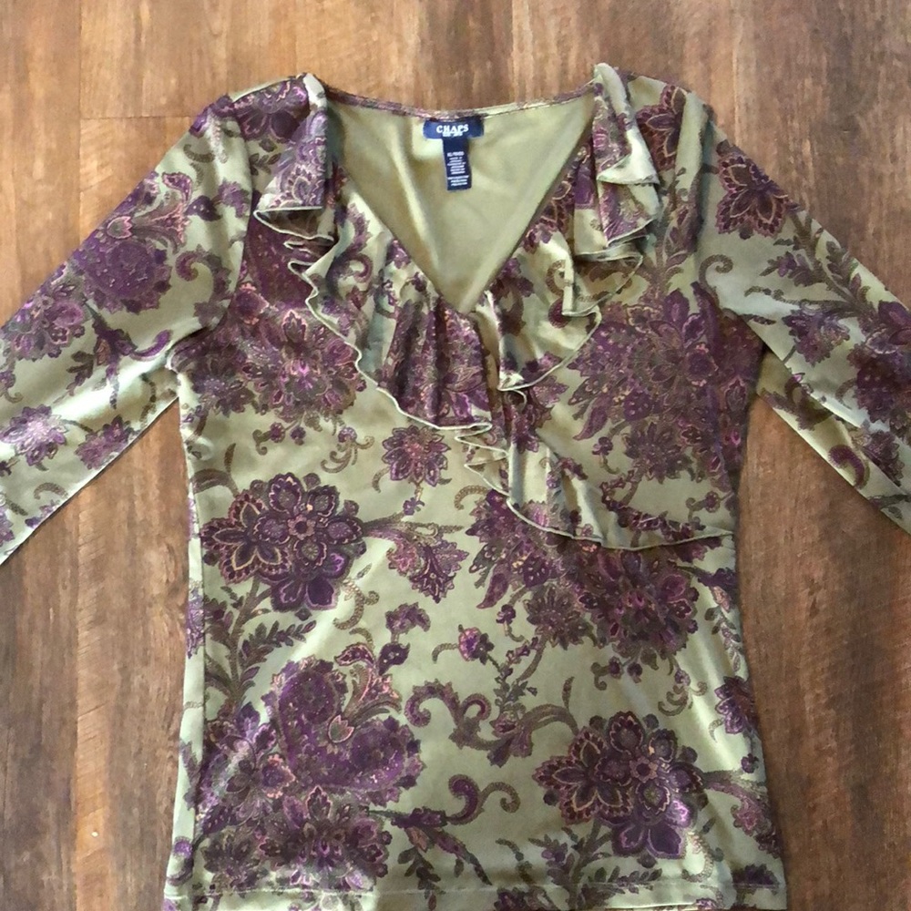 3/4 length Chaps purple and green top. EUC